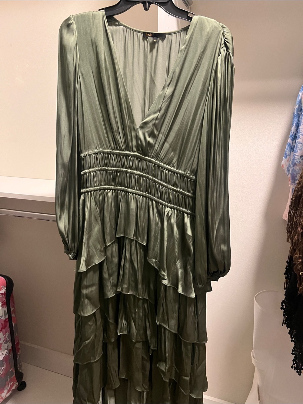 Maje Olive Satin Tiered V-Neck Maxi Dress